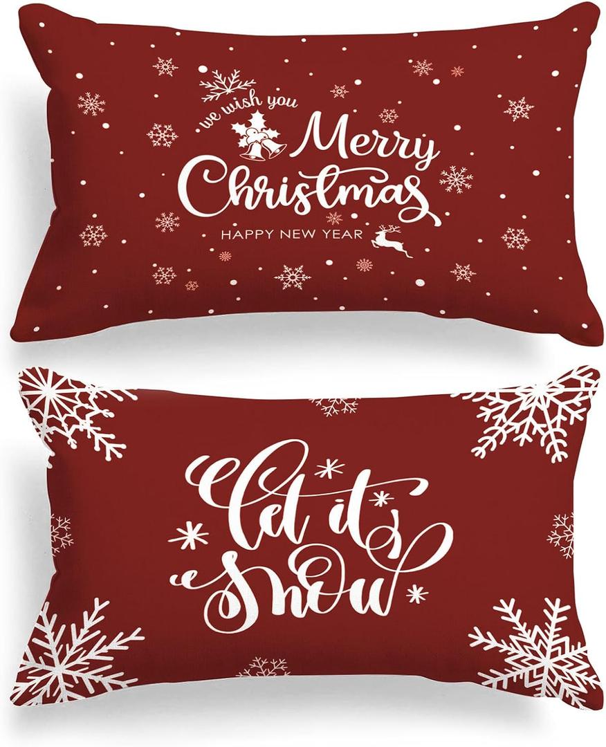 Lanpn Christmas Queen Pillowcase 20x30 Set of 2, Red Merry Christmas Decorative Lumbar Pillow Cases 20 x 30 Long Rectangle Accent Queen Shams Throw Bed Pillow Covers Xmas Cushion Cover 2 Pack