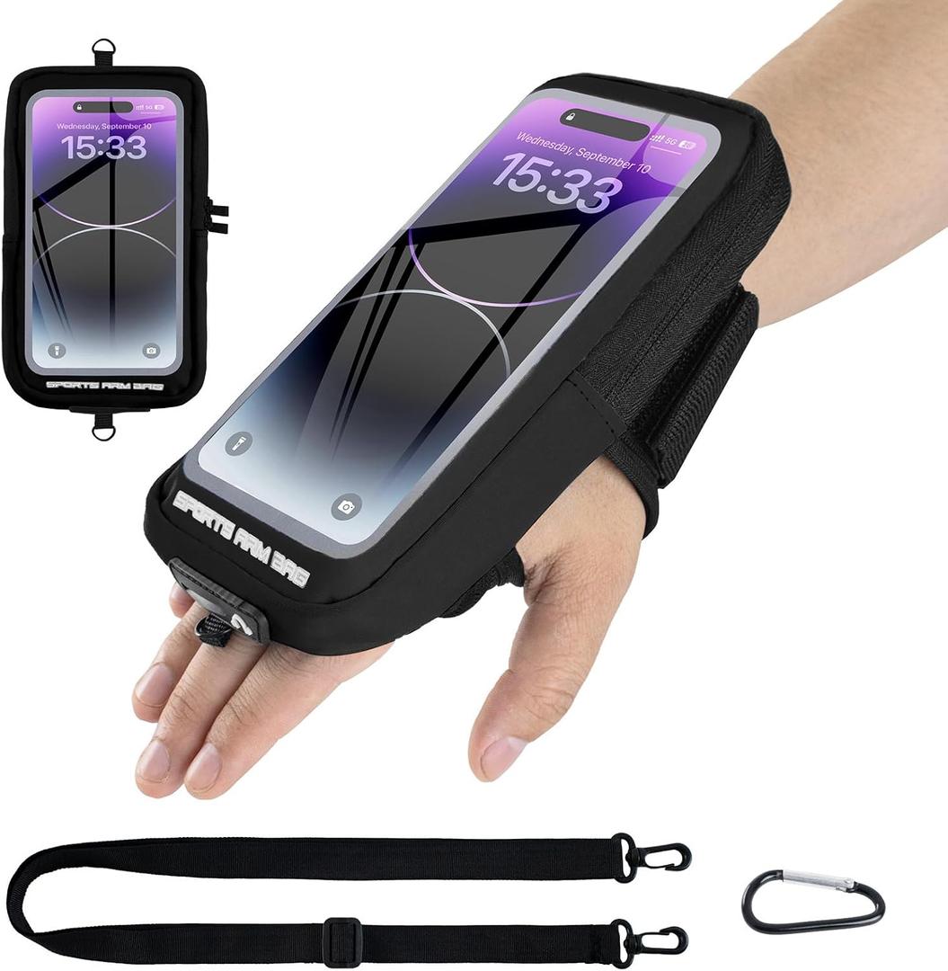 Phone Holder for Running, Running Armband Phone Holder with Carabiner, Phone Armbands for iPhone 17 16 15 14 13 12 11Pro Max & Galaxy S25/S24/S23, Cell Phone Armband Up to 6.8'' Phone (Black)