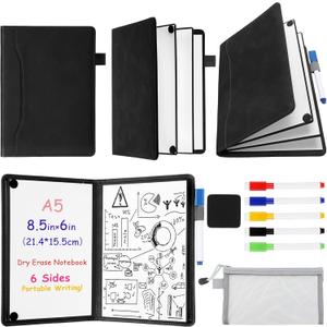 Feifeiya 6 Sides Dry Erase Notebook Portable Whiteboards Notepad 9"x6"(A5) Small Reusable Board Foldable Anti-ghosting Surface, Travel Dry Erase White Board for Office Study Meeting Planning (Black)
