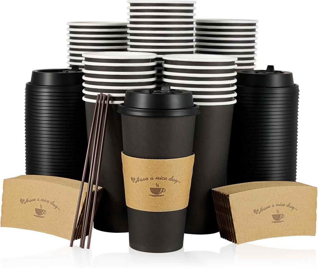 LITOPAK 50 Pack 20 oz Paper Coffee Cups for Hot Chocolate Drinks, Black Disposable Coffee Cups with Lids, Sleeves and Stirring Sticks for Parties, Picnic, Travel, and Events