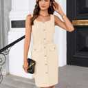 GRACE KARIN 2025 Women's Buttons Belted Square Neck Business Work Dress Sleeveless Bodycon Midi Dress (Beige, XL)
