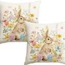 AVOIN colorlife Easter Eggs Bunny Throw Pillow Covers, 18 x 18 Inch Flowers Bowknot Cushion Case Decoration for Sofa Couch Set of 2 (White)
