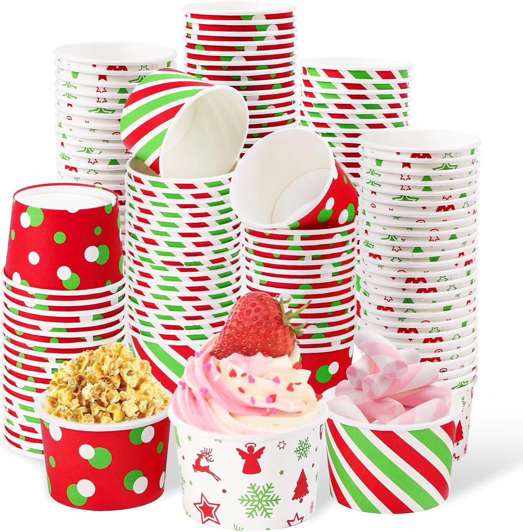Grencian 120PCS Christmas Snack Cups 12 oz Christmas Disposable Ice Cream Cups Xmas Dessert Treat Paper Bowls Snowflake Striped Polka Spots Decorative Paper Bowl for Xmas Winter Holiday Party Supplies