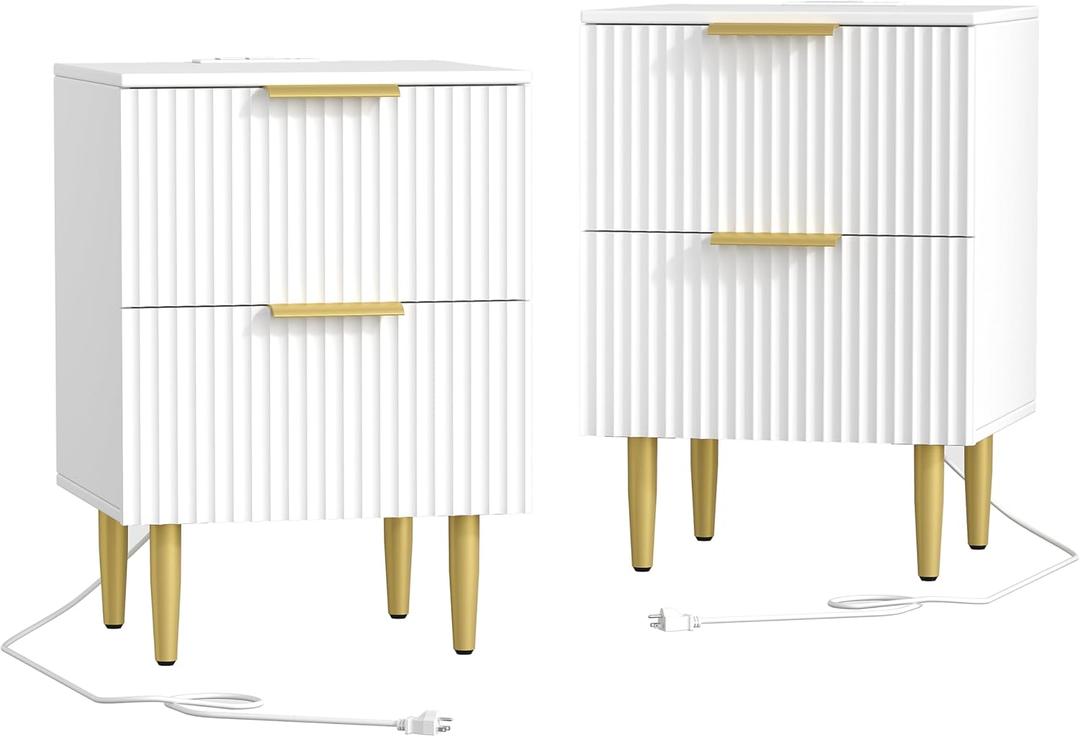 White Nightstand Set of 2, Fluted Night Stand with Charging Station, 13.8" D x 15" W x 23.2" H, 2 Drawers Modern Bedside Table with USB Ports and Outlets, Golden Side Table for Bedroom