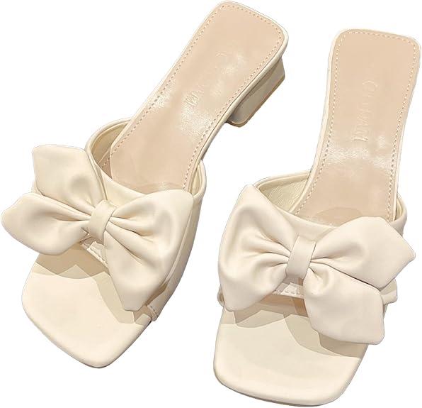 Women's Bow Tie Chunky Heel Sandals Fashion Cute Open Square Toe Slip On Low Block Heel Slide Sandals Summer Wedding Dress Shoes Pumps Tan Size 41