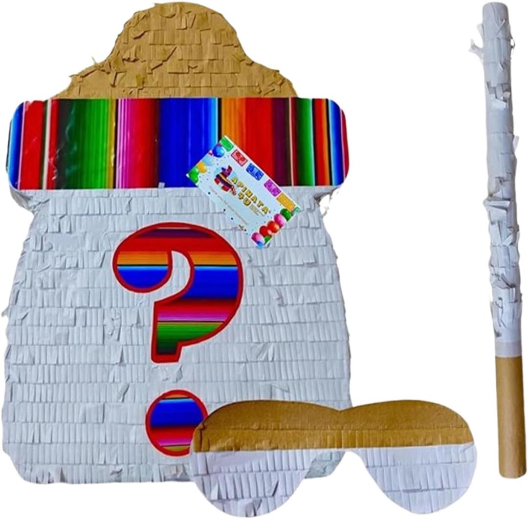 APINATA4U Gender Reveal Pinata Kit (17.5x13.5x3.5 Inch) - Baby Bottle Shape for Fiesta Theme - Complete with Stick and Mask - Cinco de Mayo Celebration Fun!