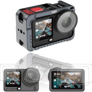Camera Cage for DJI Osmo Action 6, Aluminum Alloy Protective Frame with Cold Shoe and 1/4" Screw, Magnetic Quick Release, 2 Sets Tempered Glass Screen Protector, Action 6 Accessories