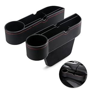 2026 Upgraded 2 PC (L+R) Premium PU Leather Car Seat Gap Filler Organizer with Cup Holder & Storage Slot/Bag Fits Front Seat, Holds Phone, Glasses, Keys,Car/SUV/Truck Christmas Gifts