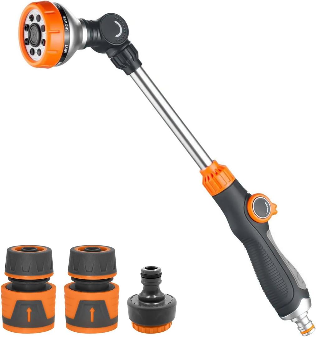 LangRay Watering Wand, 18.5 Inches Long Garden Hose Wand with 180 Swivel Head, 8 Spray Patterns, Adjustable Garden Sprayer Wand with 2 Hose Connectors 1/2 Inch and 1 Nozzle