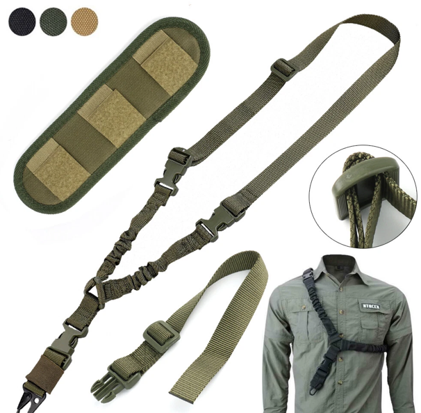 Tactical Single One Point Bungee Gun Rifle Sling Strap with HK Clip Shoulder Pad, Green