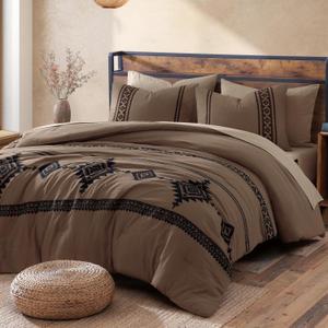 MaiRve Oversized Queen Comforter Set Brown, Embroidery Western Bedding Set Boho 7 Pieces, Farmhouse All-Season Bed in A Bag with Sheets, Pillowcases & Shams