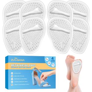 ZUCNANA Metatarsal Pads for Women - Soft Gel High Heel Insoles, 4 Pairs, Non-Slip Design, Instant Foot Pain Relief, Self-Sticking Back, Fits All Feet Sizes (Transparent)