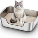 Qiuma Stainless Steel Cat Litter Box with Low Entry, Metal Kitty Litter Box for Senior or Injured Cats, Odor-Free, Non-Stick, Easy to Clean, 19.5"x13.6"x5.9", Litter Pan for Big and Small Cats
