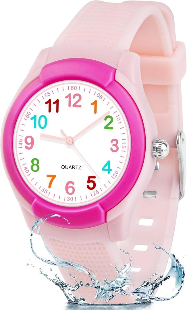 CKV Kids Watch for Boys Girls Watches Age 3-12, 1.18" Dial-3 ATM Waterproof Child Wristwatch Time Teaching Easy to Read Kids Presents (Peach Pink)