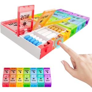 Push Button Weekly Pill Organizer 2 Times a Day, Medicine Pill Organizer, Pill Box Case 7 Day AM PM BPA-Free, Pill Container for Vitamins, Fish Oil, Supplements and Medication