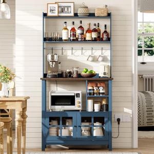 ChooChoo Farmhouse Coffee Bar Cabinet with Storage, Bakers Rack with Power Outlets, Microwave Stand Kitchen Cabinet with Hutch and 6 Hooks, Blue