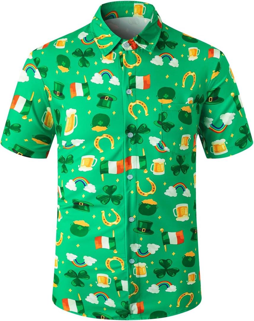 St. Patrick's Day Irish Printed Shirt Casual Button Down Short Sleeves Hawaiian Shirts for Men