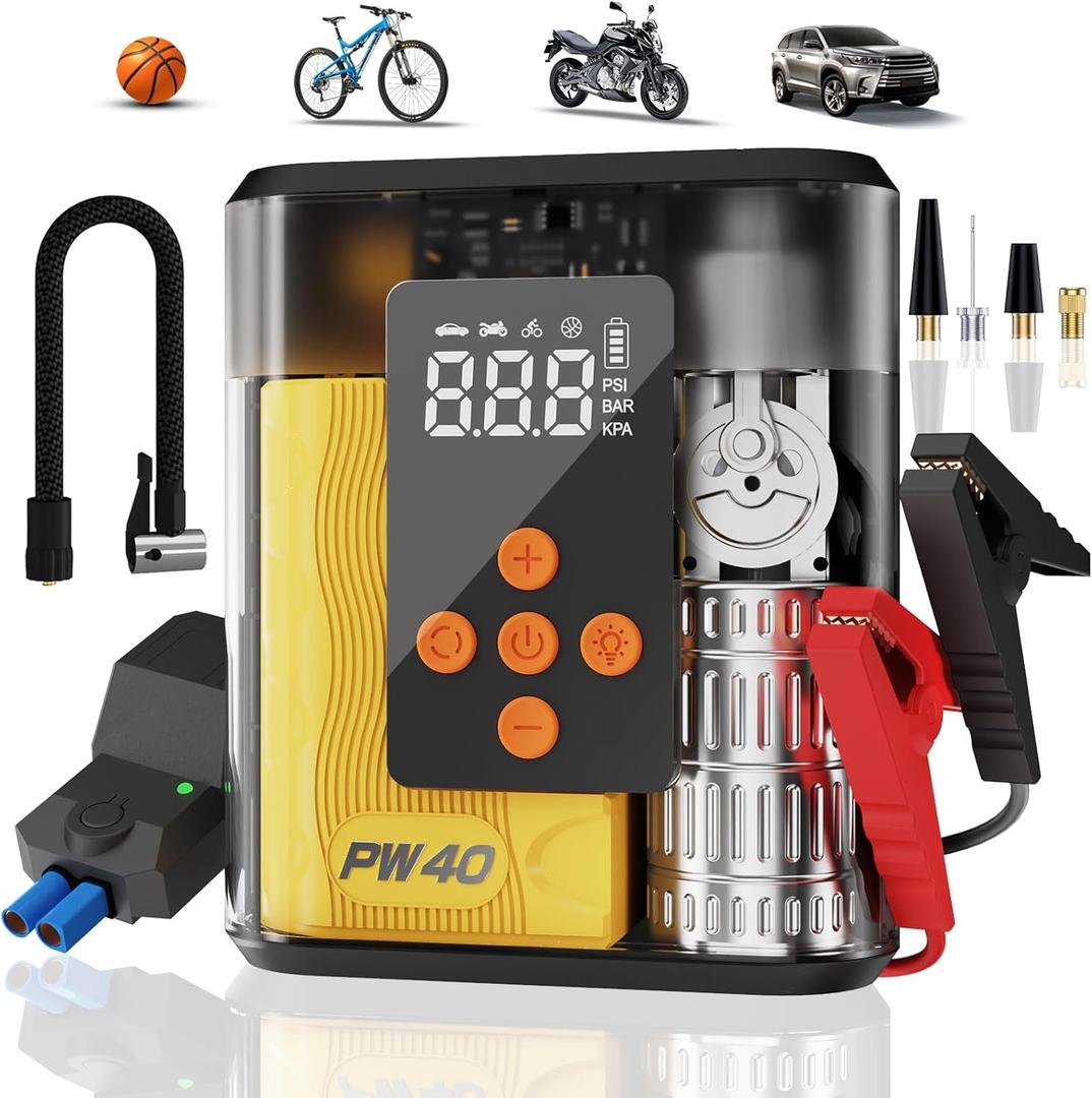 Jump Starter with Air Compressor, 4000A Peak Car Battery Charger, 200 PSI Tire Inflator, Heavy Duty Power Pack for Up to 9.0L Gas, 8.0L Diesel Engines, LED Light, USB Ports, Emergency Road Kit