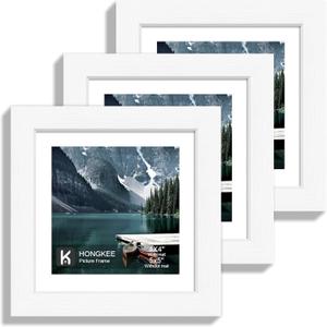 Hongkee 5x5 Picture Frame with Real Glass - Display Pictures 4x4 with Mat or 5 x 5 without Mat, Photo Frame for Wall or Table Top Display(White, 3 Pack)