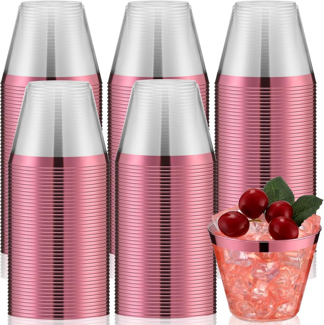 Lounsweer 100 Pcs 9oz Rimmed Plastic Cups Wedding Clear Cocktail Cups Heavy Duty Disposable Wine Glasses for Birthday Bridal Shower Baby Shower Holiday Celebrations(Pink)