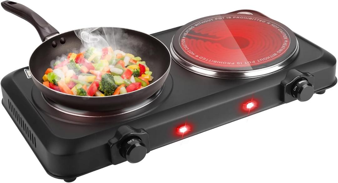 2000W Electric Infrared Dual Burner, Dual Hot Plate with Stepless Temperature Adjustments, Portable Counter Double Stove with 7.5 Glass Cooktop for Home RV Camp Cooking (Black)