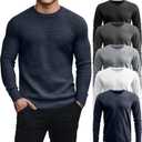5 Pack Thermal Waffle Shirts for Men, Crew Neck Long Sleeve Casual Pullover Underwear Textured Knit Tops (Black, Dark Gray, Gray, White, Navy Blue)