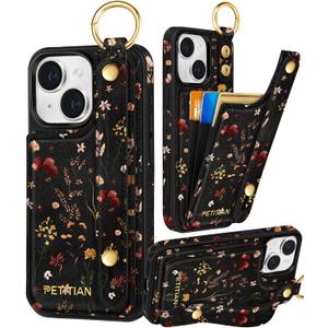 Petitian for iPhone 14/13 Case with Wallet - Women Girls Cute Girly Aesthetic Unique Design Leather Credit Card Holder Cardholder Stand Wristband for iPhone 14/13, Grow Flower