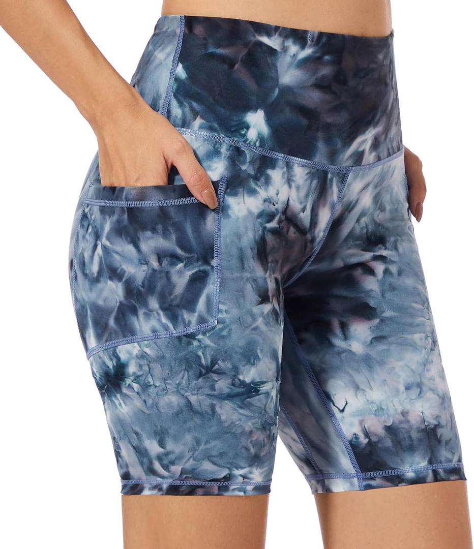 iniber Womens Biker Shorts with Pockets High Waist Workout Yoga Spandex Athletic Bicycle Leggings Shorts for Running (Black Blue)