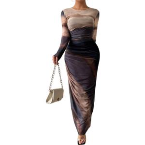 LIGHT DOT Women's Printed Bodycon Maxi Dress Long Sleeve Tie Dye Mesh Ruched Cocktail Dress,2XL