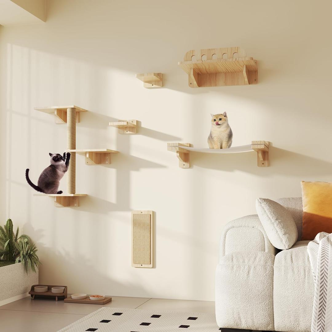 MeowHomm Cat Wall Shelves, Set of 6 Wooden Cat Wall Furniture Includes Scratching Post with 3 Steps, Jumping Platform, Hammock and Scratcher Board for Kittens