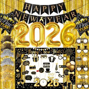Happy New Years Decorations 2026, New Year Eve Party Supplies Kit Included Foil Curtains Banner Photo Frame Headband Glasses NYE New Year Party Glasses Foil Ballons Party Favor Decor
