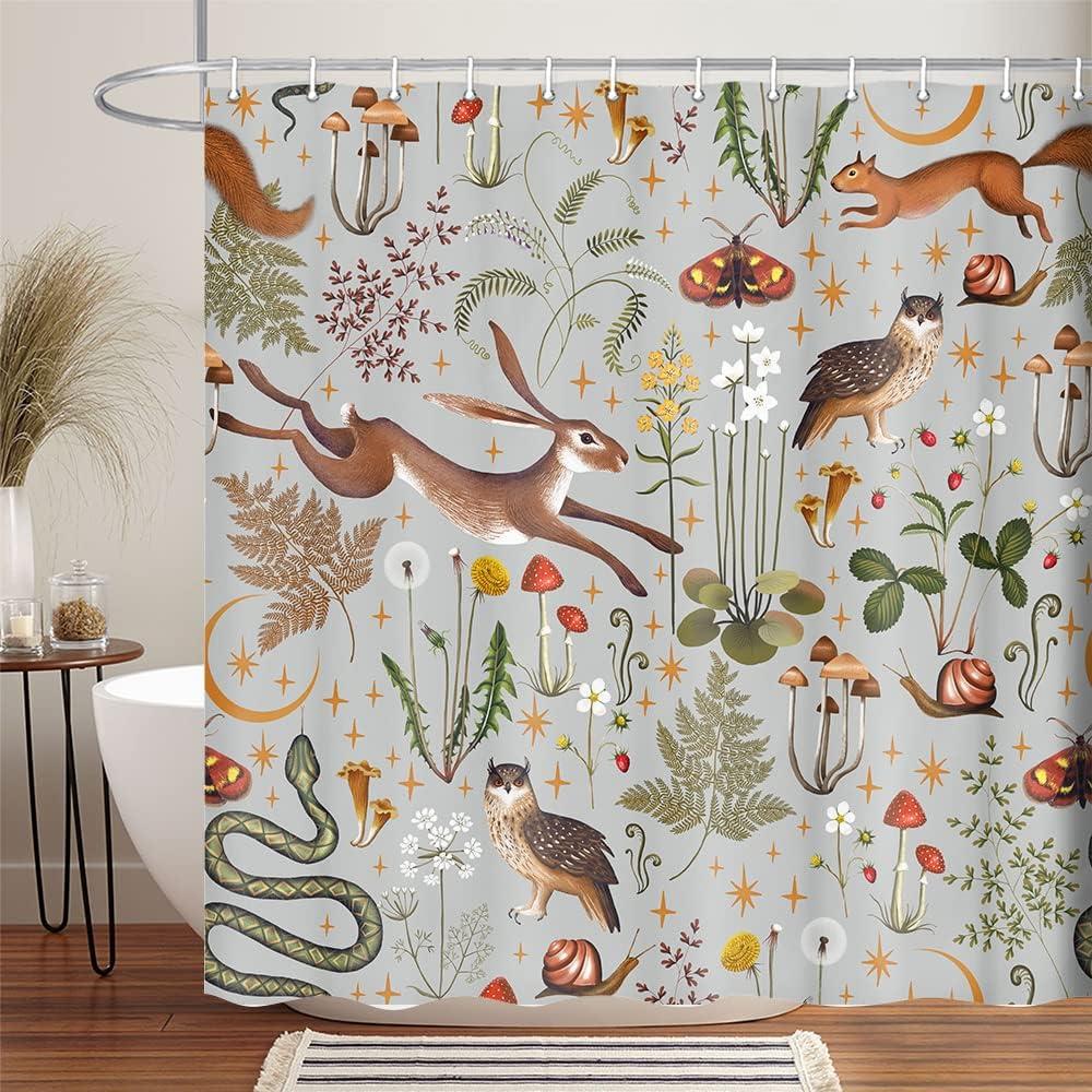 Fairy Rustic Forest Shower Curtain for Bahtroom, Country Woodland Wild Animals Butterfly Mushroom Set Hunting Shower Curtain, Farmhouse Rustic Cabin Lodge Shower Curtain Set with Hooks 70X70IN (Grey)