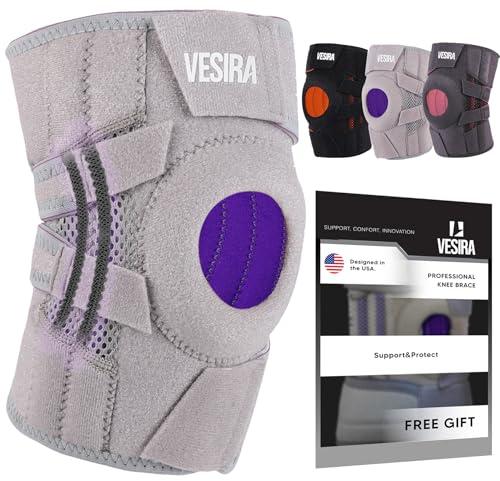 Pack of 4, VESIRA Knee brace for women and men, knee braces for pain relief compression sleeve. Patellar tendon support strap, joint support whit side stabilizer. Running Gear. (White)