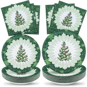 ZVK Christmas Paper Plates and Napkins Set 150 Party Dessert Plates, Dinner Plates, Paper Napkins Disposable Dinnerware for Christmas Party Supplies Green Xmas Tree Tableware