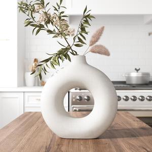 Cream White Donut Vase 9 Inch Hollow Ceramic Vase for Flowers Pampas Grass Home Decor, Modern Minimalist Boho Style Decorative Circle Vase for Living Room, Dining Tabletop, Office, Farmhouse