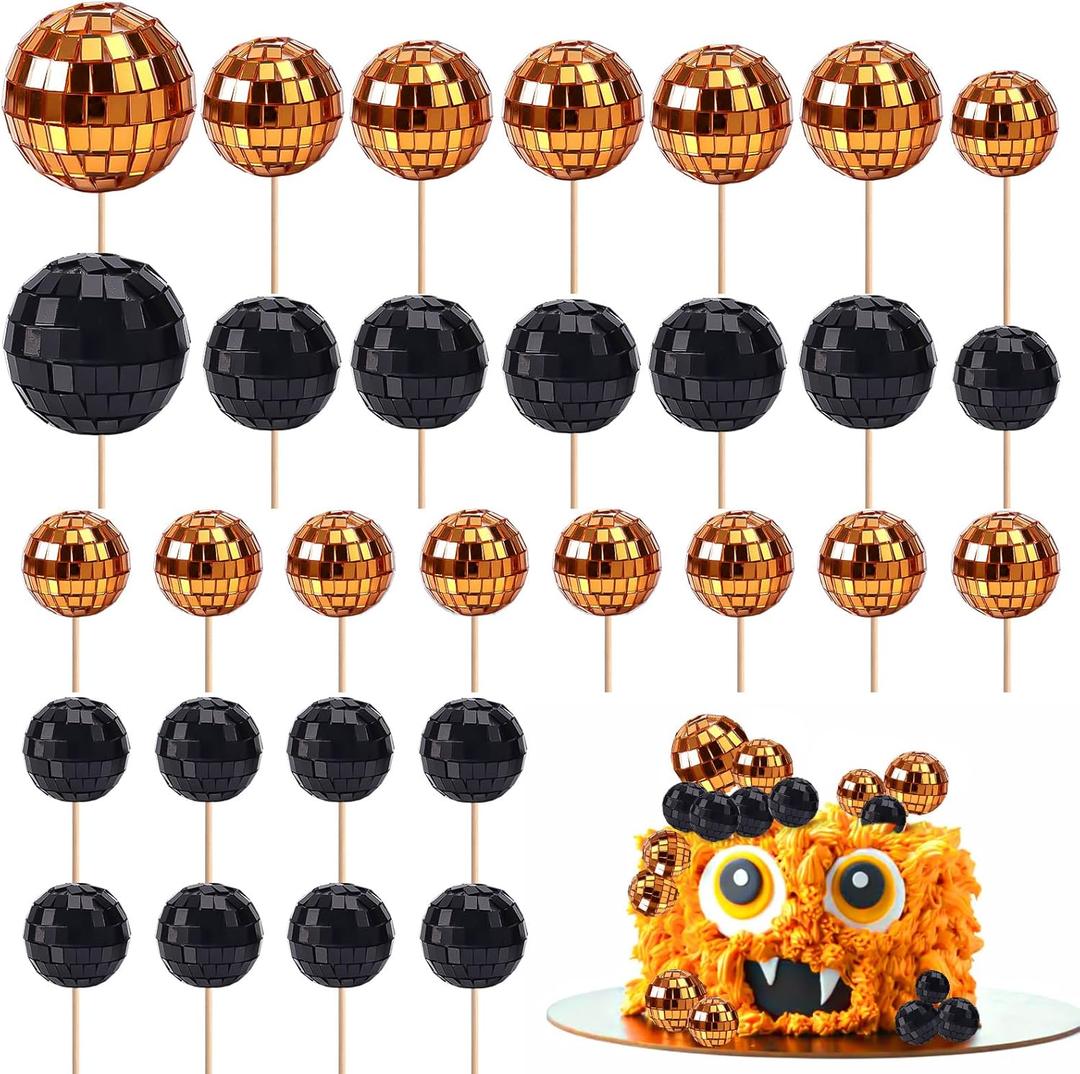 30pcs Disco Ball Cake Decoration with Sticks, Halloween Cupcake Toppers Mini Small Disco Ball Picks Halloween Cake Decoration Cupcake Decor for 70s Disco Theme Party Birthday