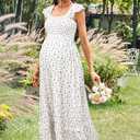 OUGES Womens 2026 Summer Maternity Maxi Dresses for Photoshoot Ruffle Sleeve Square Neck Wedding Guest Baby Shower Long Dress Flowy Pregnancy Must Have Maternity Clothes(White Pink Floral,M)