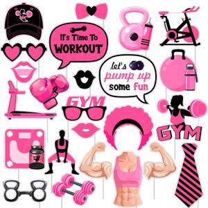 Cheereveal 24Pcs Pink Black Gym Photo Booth Props, Fitness Photography Background for Girls Women, Fitness Weightlifting Sports Theme Birthday Bridal Baby Shower Party Supplies