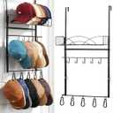 Metal Over Door Hat Rack for Baseball Caps- 3 Tier Wall Mounted Hat Rack with a Metal Basket, 5 Hooks and 5 Movable Hooks Design, Holds up to 40 Caps for Door, Bedroom & Closet