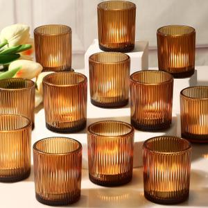 36pcs Amber Votive Candle Holders Thanksgiving Table Decor, Glass Small Tea Lights Candle Holders for Table Centerpiece for Home Decor Party Fall Boho Decor(36,Amber)