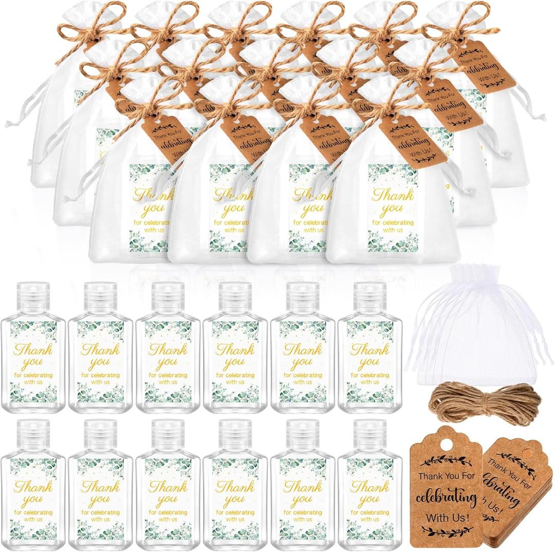50 Sets Mini Hand Sanitizer Bottles Bulk 2oz Empty Christmas Hand Sanitizer Travel Size Wedding Favors for Guests with Organza Bags Thank You Tags for Bride Party Women Employees(Eucalyptus,Green)