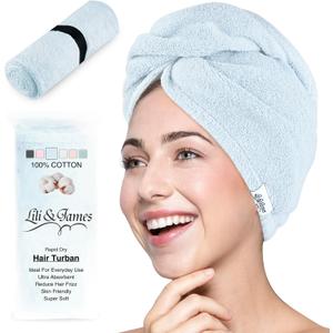 Lili&James 100% Cotton Hair Towel Wrap for Women & Kids 420 GSM Quick Dry Hair Turban with Double Button Loop, Anti Frizz Non Microfiber Hair Drying Towel for Curly, Long & Thick Hair (Blue)