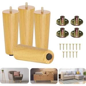 Yes4All 6 Inches Round Natural Solid Wood Furniture Legs Set of 4, Heavy Duty 800 Lbs Capacity Furniture Legs with Leveler, Replacement Legs for Furniture, Couch, Sofa, Dresser, Ottoman