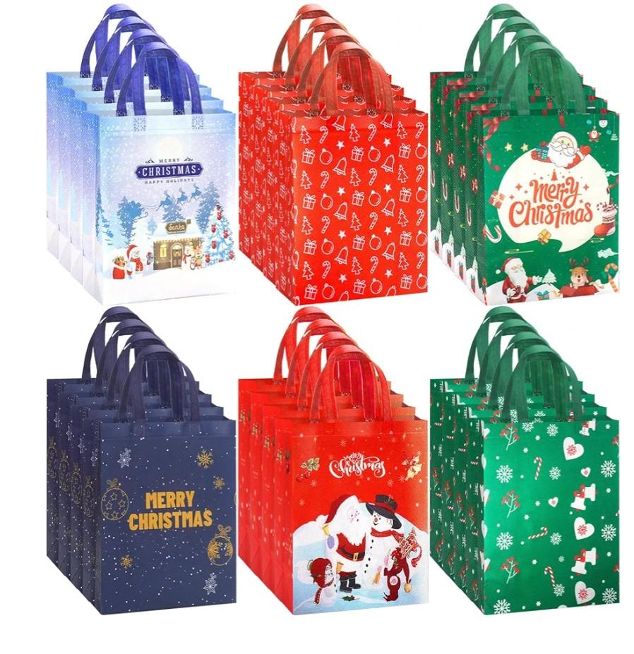 7 Pack Reusable Christmas Tote Bags - Non-Woven Shopping Bags with Handles for Gifts, Treats, Wrapping
