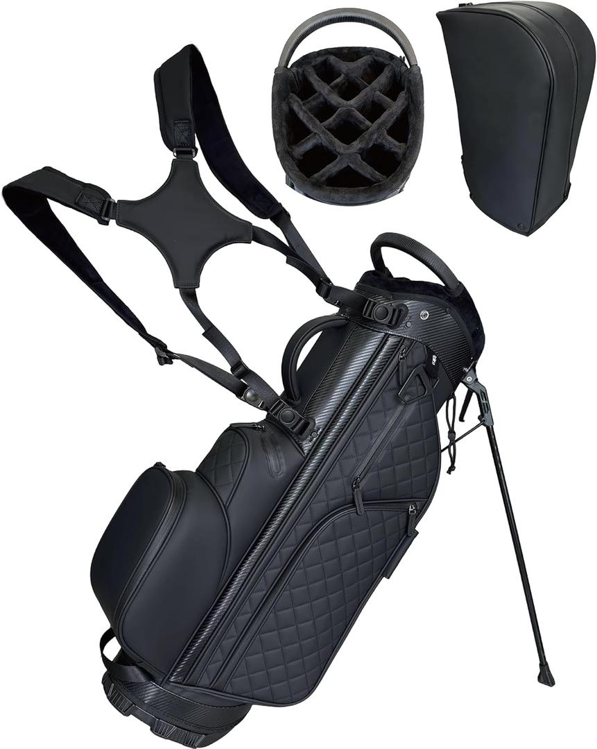 PU Leather Golf Bag for Men, Golf Stand Bags with 14 Way Full-Length Dividers, 2026 Luxury Plush Top Multiple Pockets Adjustable Dual Straps Golf Bags with Rain Cover