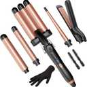 5 in 1 Wand Curling Iron-Kinked Curling Wand Set with Flat Iron Hair Straightener, 3 Barrels Hair Crimper, 3 Ceramic Curling Irons (0.35"-1.25"), 2 Temps Fast Heat Hair Waver Curler, Rose Gold