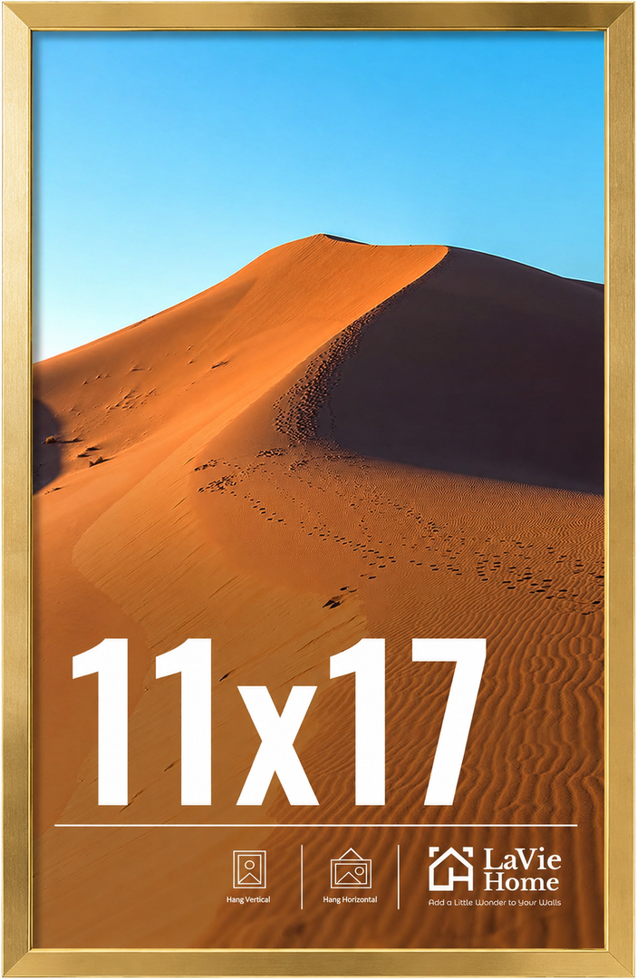 LaVie Home 11x17 Picture Frame for Wall Display, 11x17 Gold Picture Frame with HD Plexiglas, 11 x 17 Poster Frame 1 Pack, Display Frame for Vertical or Horizontal, Classic Collection