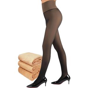 Fleece Lined Tights Women, Control Top Thermal Tights for Women, Fake Translucent Winter Warm Tights (Large-X-Large, Black)