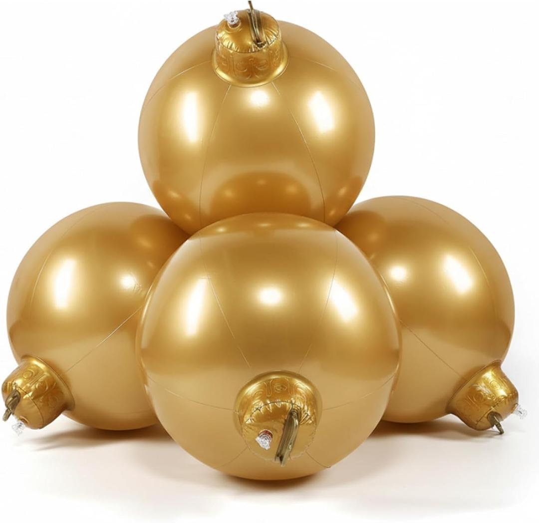 Jetec 4 in 1 17.7 Inch Giant Inflatable Christmas Ball PVC Christmas Ornaments Ball Connected and Fixed Outdoor Indoor Decorations Xmas Blow up Ball for Yard Lawn Holiday (Gold)