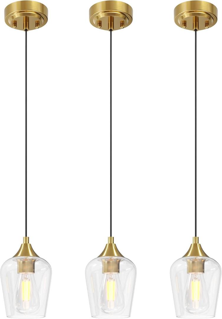 VONLUCE Pendant Lights Kitchen Island, Brushed Gold Pendant Light Fixtures with E26 Base & Adjustable Cable, Modern Pendant Lighting with Glass Shade for Living Room Bedroom Hallway, 3 Packs